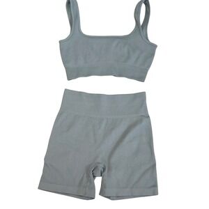 Activewear Set Ribbed Sports Bra Biker Shorts Blue Green Small Nylon